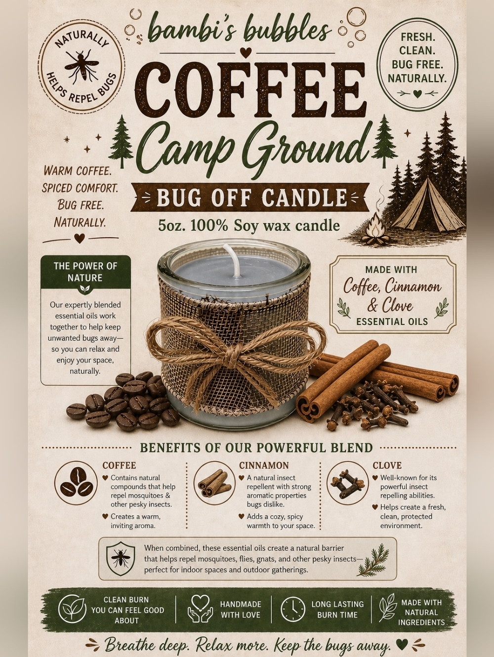 Back In Stock!  Coffee Camp Ground  Hand Crafted Bug Off Soy Wax 5oz Candle